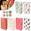A collection of red and green Christmas themed kraft paper gift bags with various seal stickers.