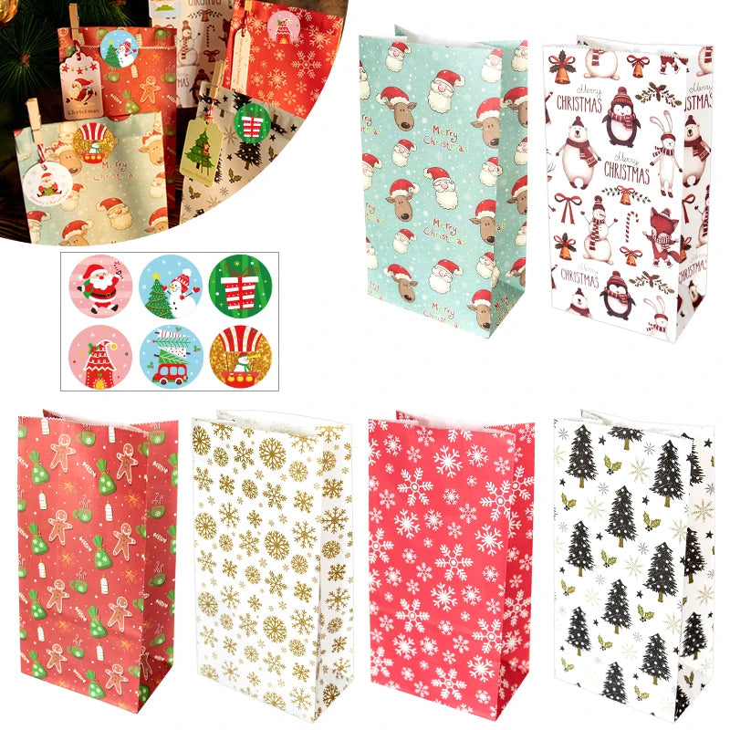 A collection of red and green Christmas themed kraft paper gift bags with various seal stickers.
