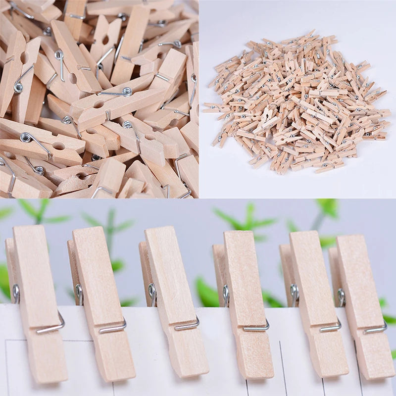A pile of natural wooden mini clothespins for crafts and decor, shown in various angles.