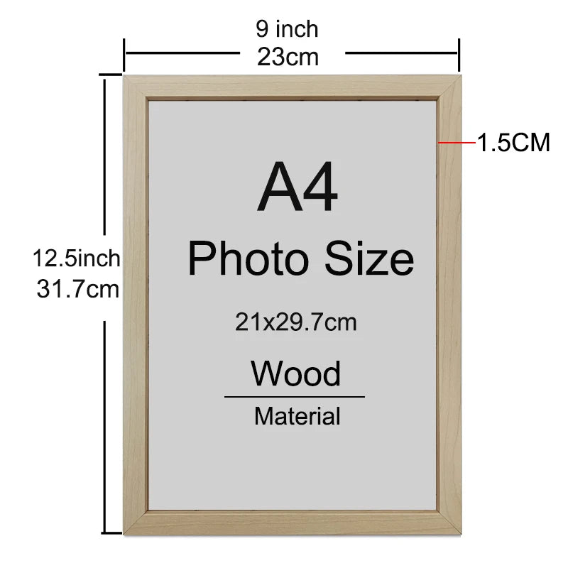 A wooden picture frame with an A4 photo size, featuring a light wood finish.