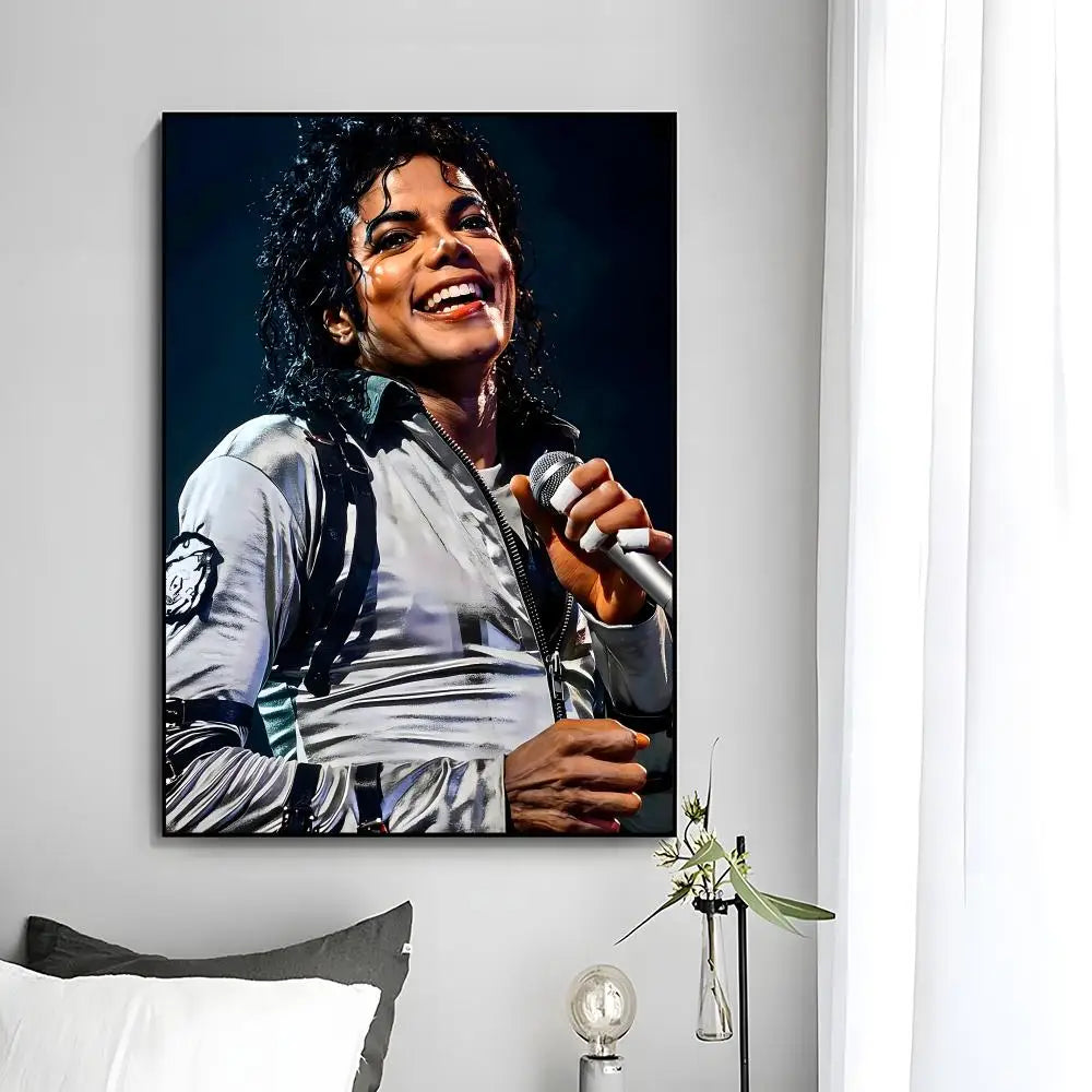 Porträt von Michael Jackson beim Singen voller Freude, als Wandkunstdruck.