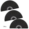 Three black folding hand fans displayed side by side.