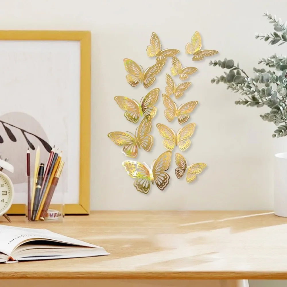 A set of twelve gold glitter butterfly wall stickers displayed against a light background.