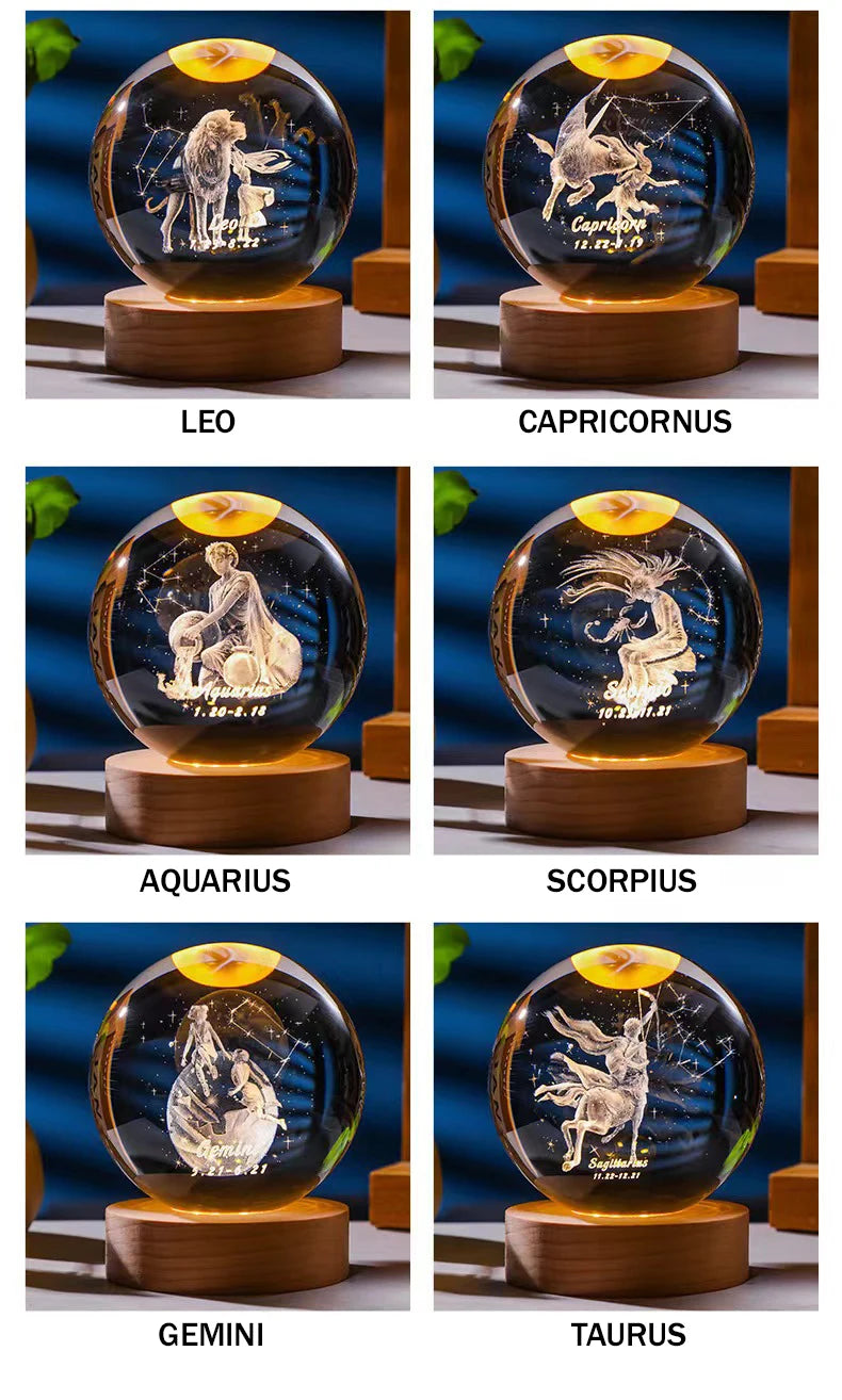 A set of seven crystal balls engraved with zodiac signs, including Leo, Capricornus, Aquarius, Scorpius, Gemini, and Taurus.