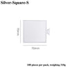 A white square dessert cake board with a silver square design, 70mm by 70mm.