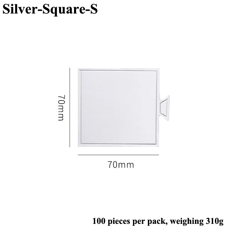 A white square dessert cake board with a silver square design, 70mm by 70mm.
