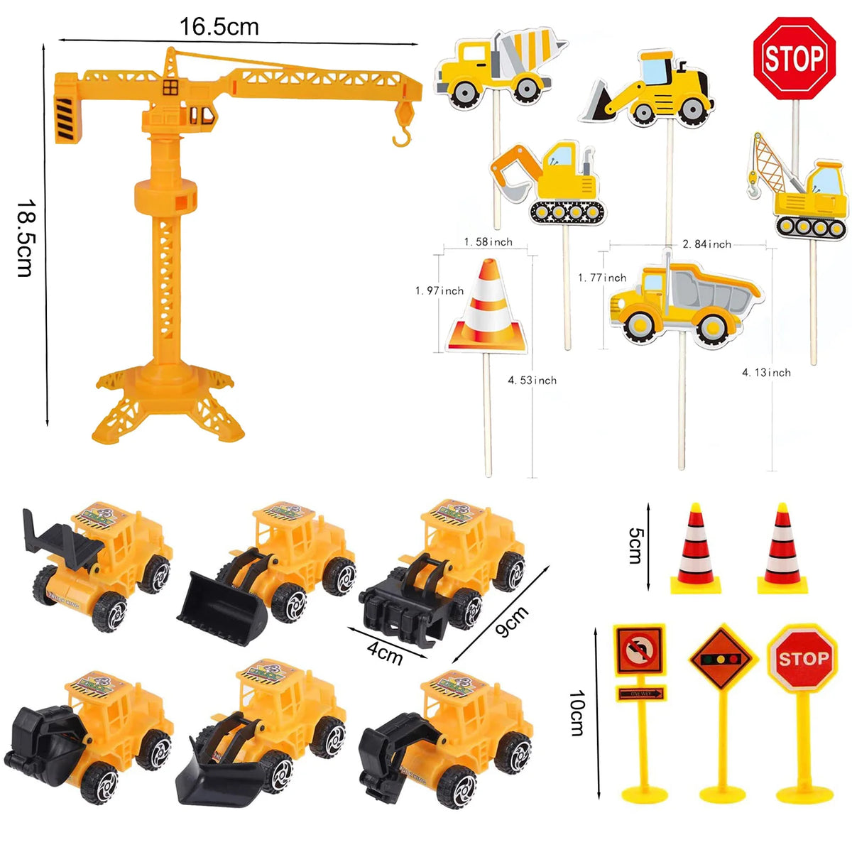 A set of yellow construction vehicle cake toppers including an excavator, crane, and road signs.