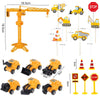A set of yellow construction vehicle cake toppers including an excavator, crane, and road signs.