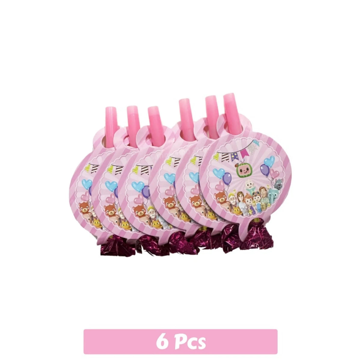 A set of six pink Cocomelon party supplies including balloons and tableware