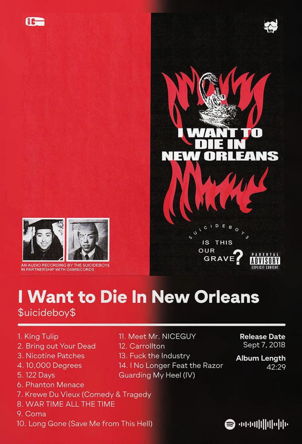 Album cover art for Suicideboys titled I Want to Die in New Orleans featuring red and black text