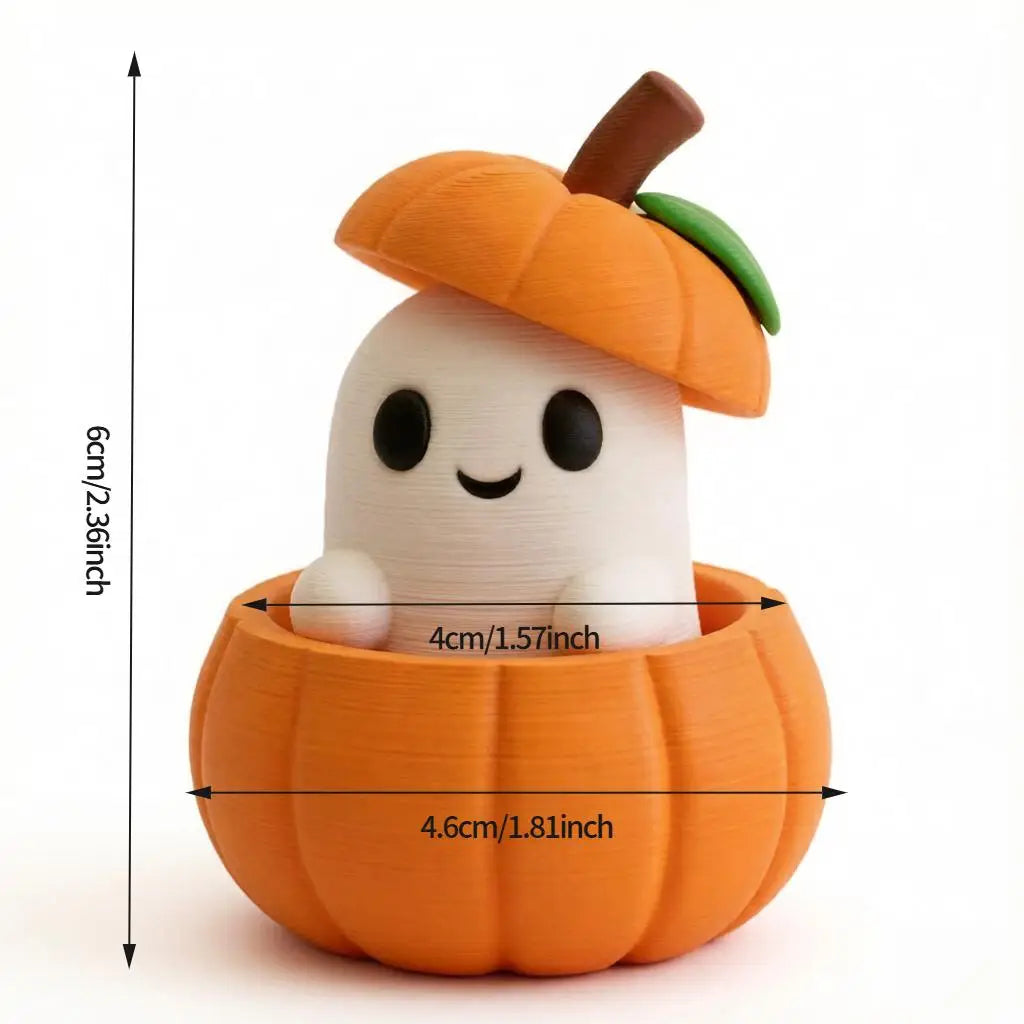 A small orange pumpkin with a green leaf and a white face is sitting in an orange hollow.