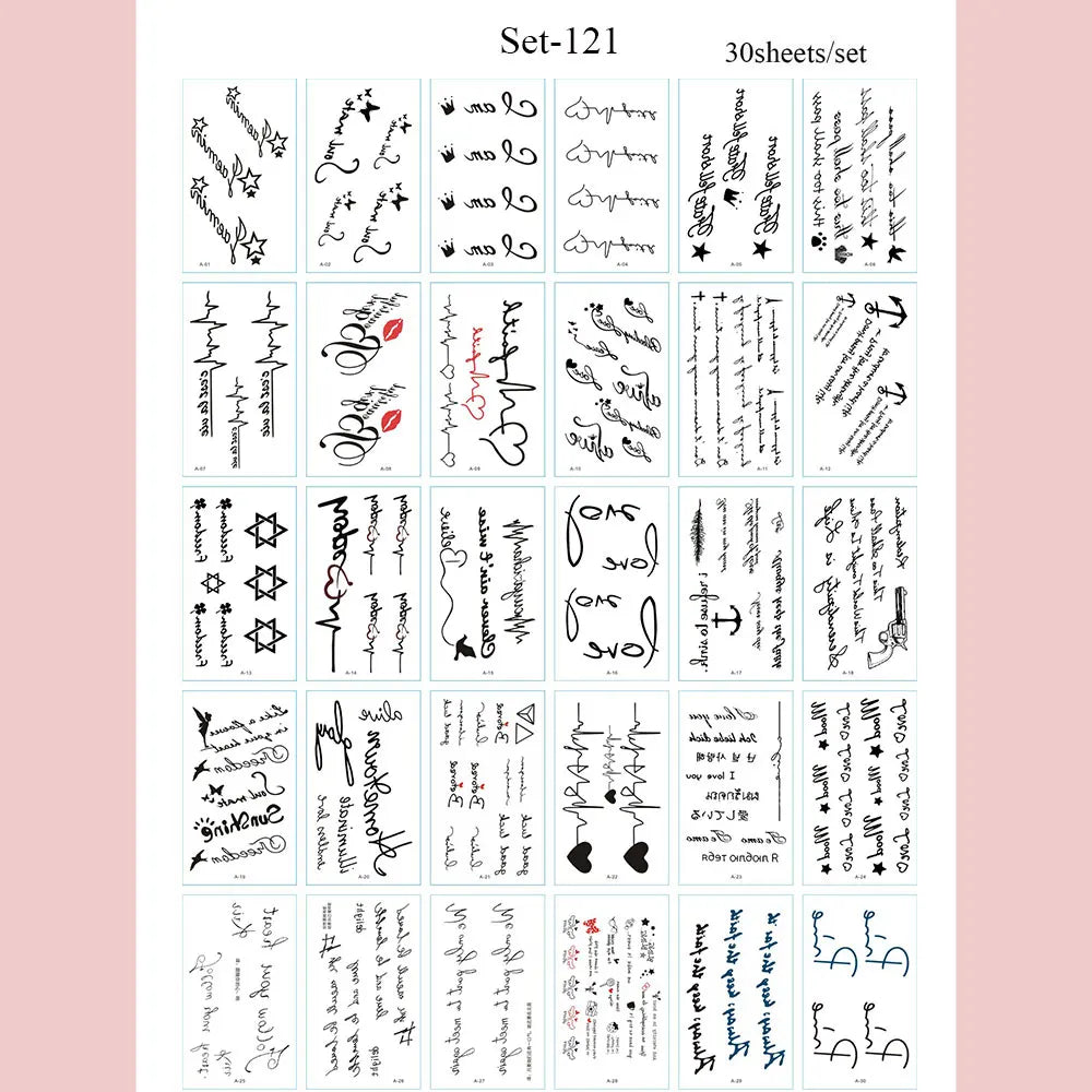 A sheet of 30 waterproof temporary body art stickers for temporary tattoos.