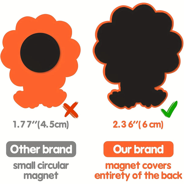 Comparison of a small orange flower magnet and a large black cloud magnet.