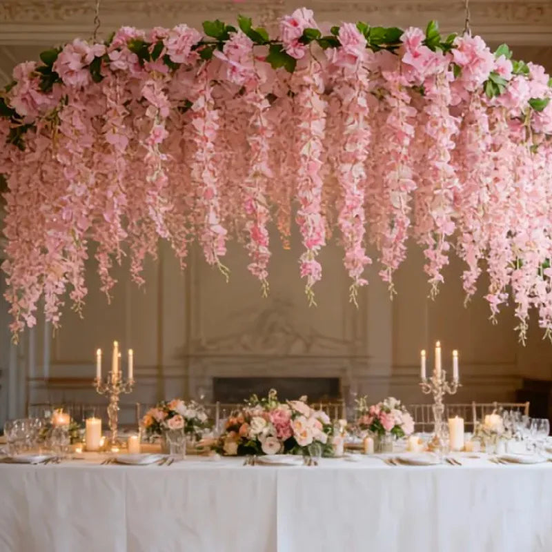 A pink silk wisteria hanging vine garland draped over a long table decorated with flowers and candles.