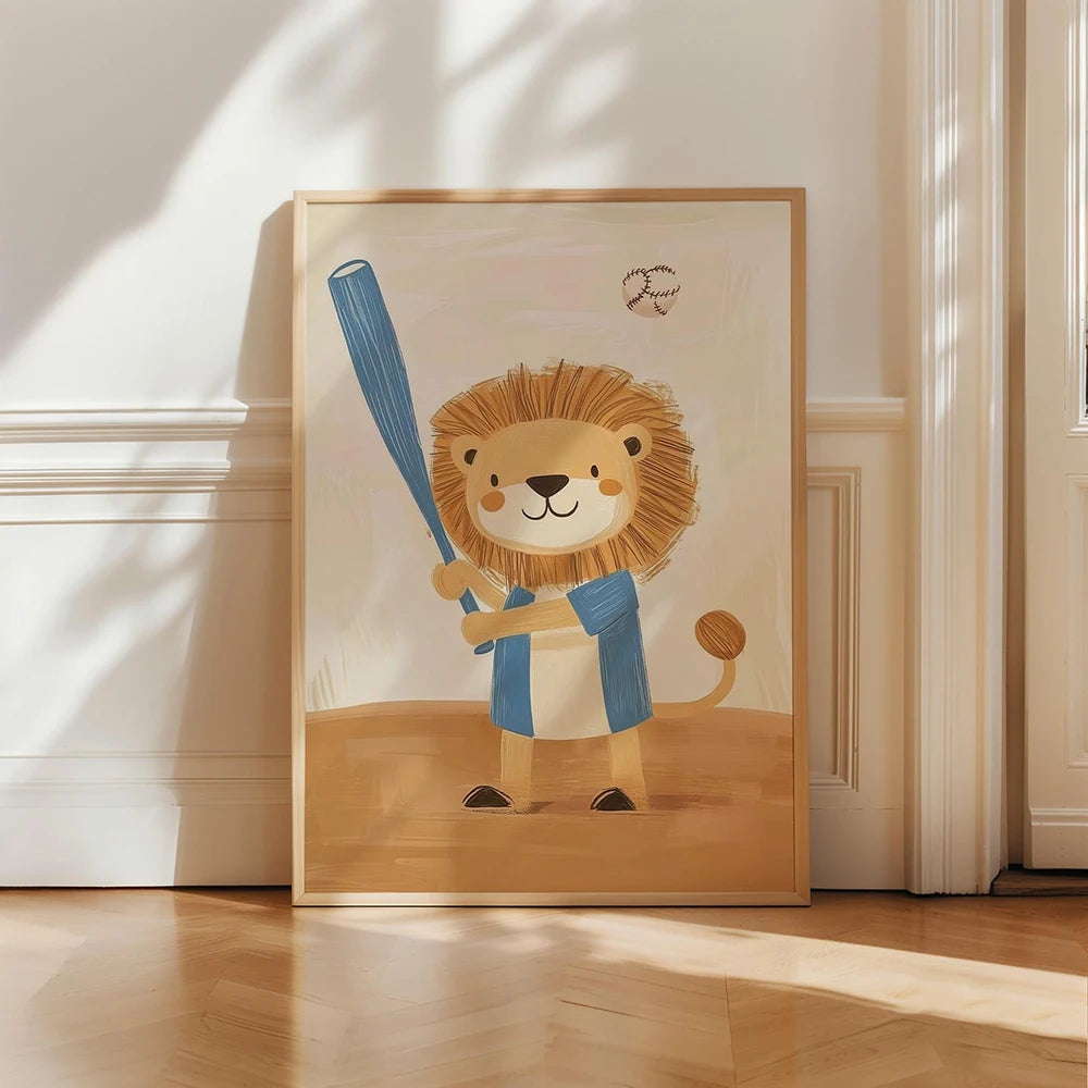 A canvas print featuring a cute, stylized lion character holding a blue spear.