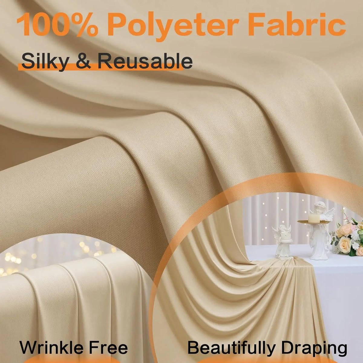 A close-up of silky beige polyester fabric draped beautifully, showing a wrinkle-free curtain for events.