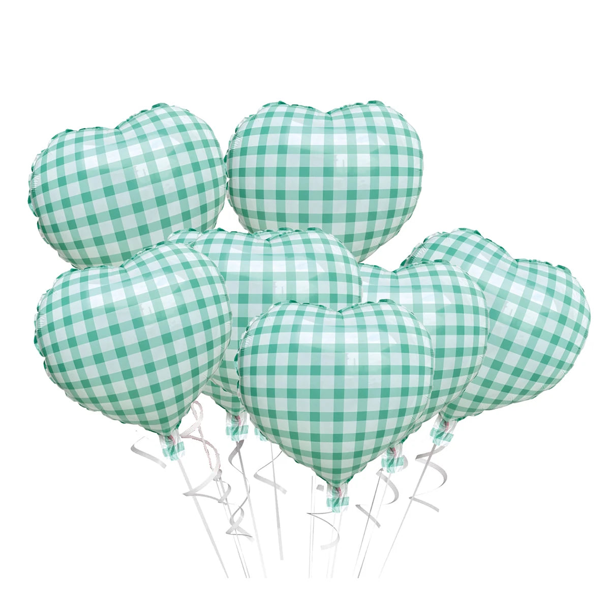 A bunch of light green and white checkered heart-shaped foil balloons tied together.