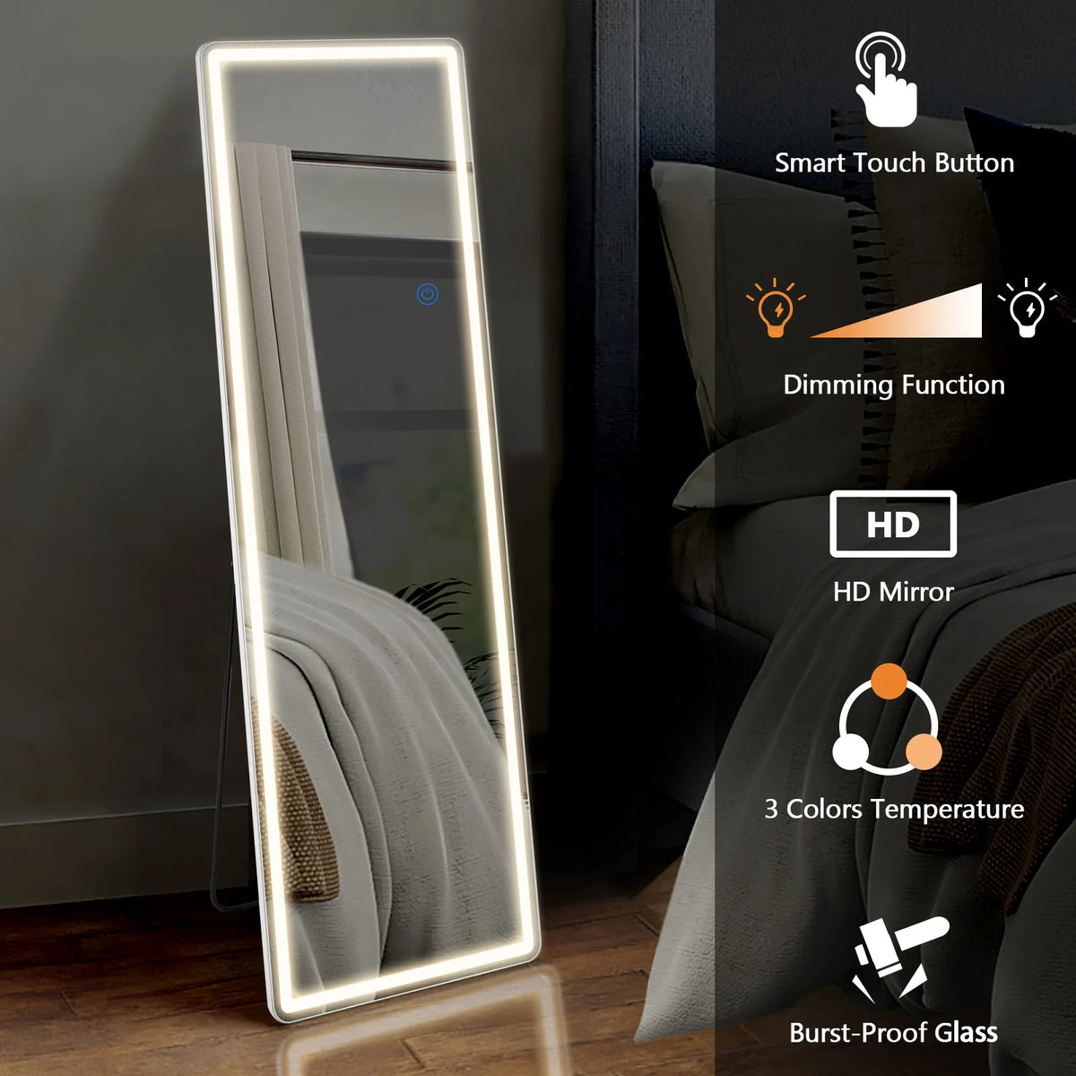 Miroir LED de grande taille avec bouton tactile intelligent, fonction de gradation, qualité HD, 3 températures de couleur et 