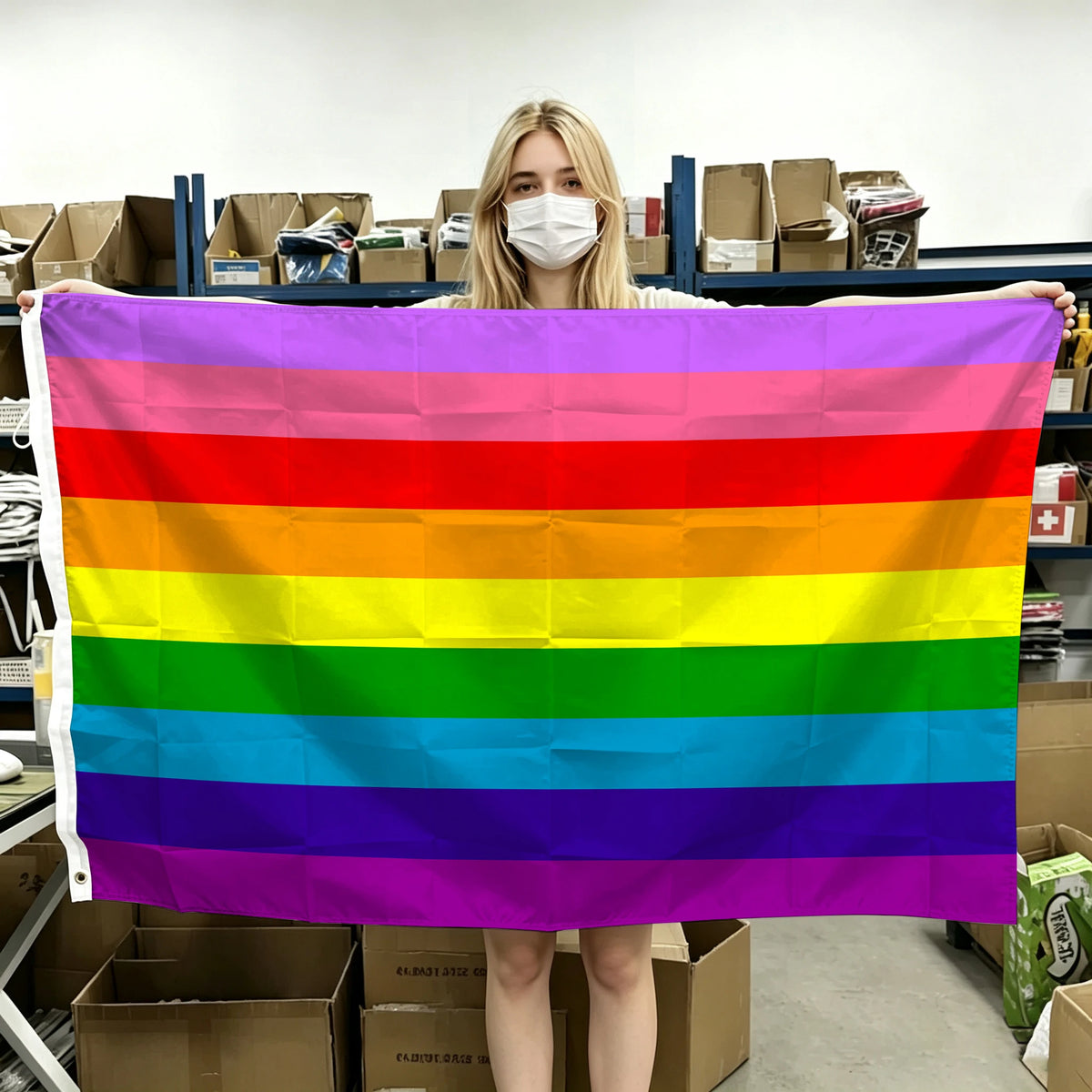 A person holds up a horizontal Pride flag banner displaying the rainbow spectrum of colors.