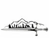 A black silhouette of a sword with a mountain landscape and figures standing on the ground.