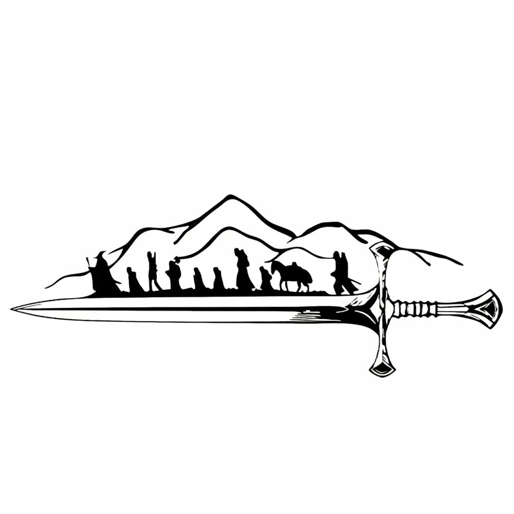 A black silhouette of a sword with a mountain landscape and figures standing on the ground.