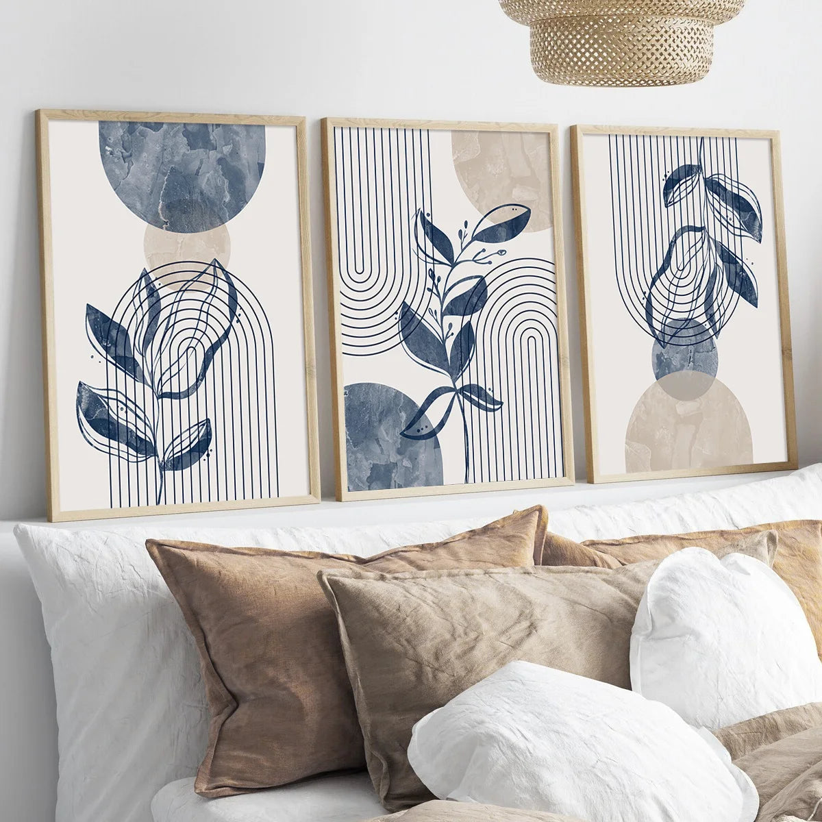 A set of three abstract geometric wall art prints featuring blue and beige tones with line drawings.