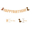 A wooden banner spelling HAPPYBIRTHDAY with dinosaur silhouettes, accompanied by measuring lines showing 12.5cm and 15cm.