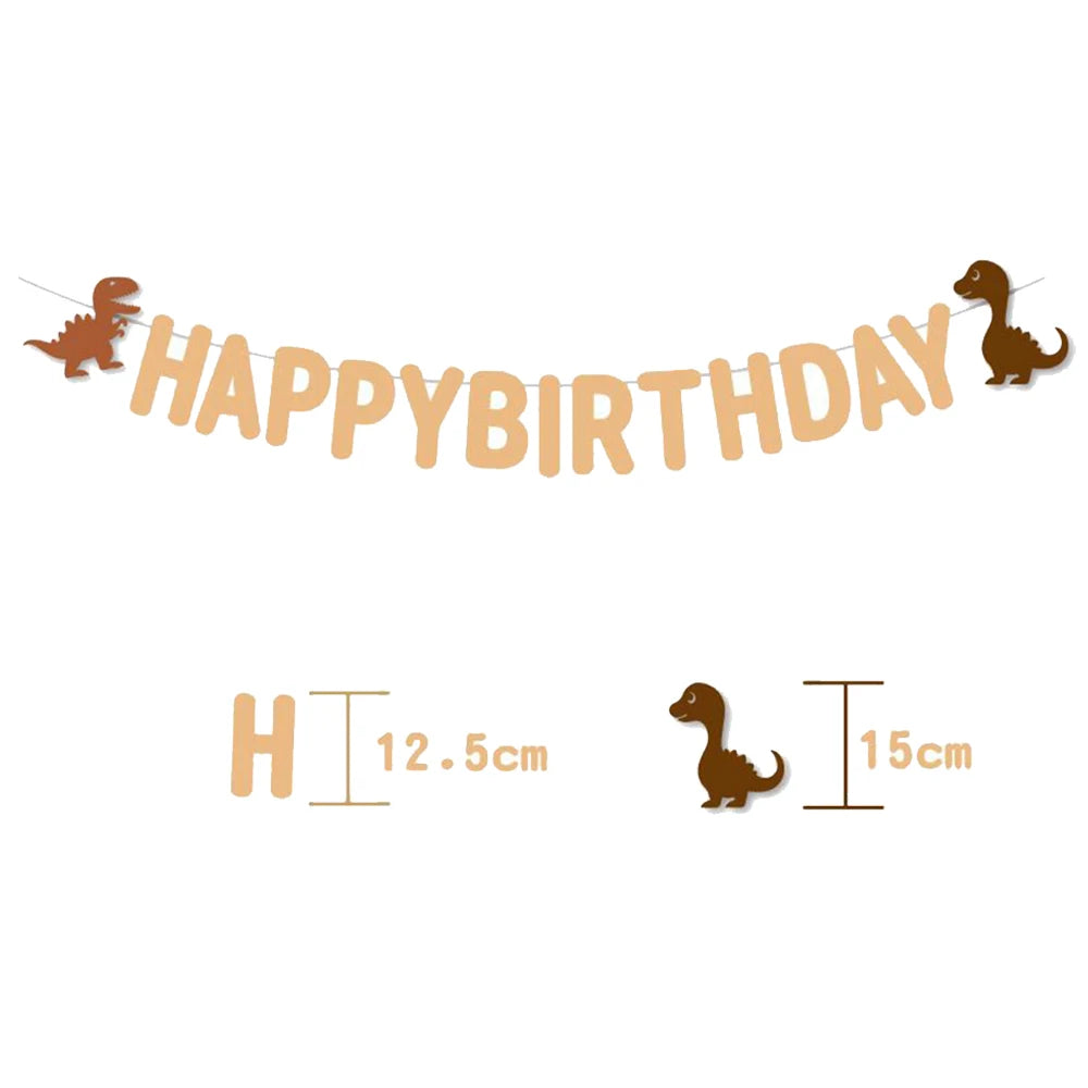 A wooden banner spelling HAPPYBIRTHDAY with dinosaur silhouettes, accompanied by measuring lines showing 12.5cm and 15cm.