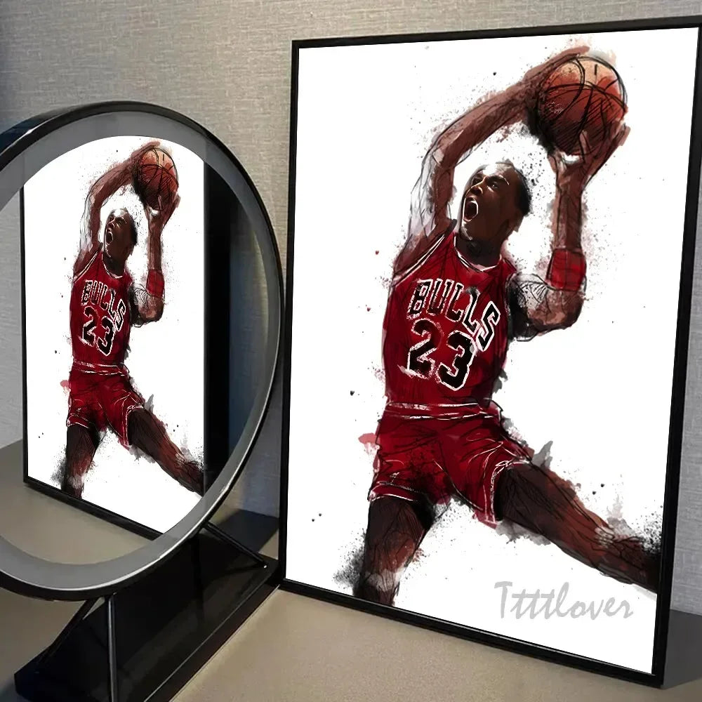 A painting of a basketball player dunking, rendered in red and black tones on canvas wall art.