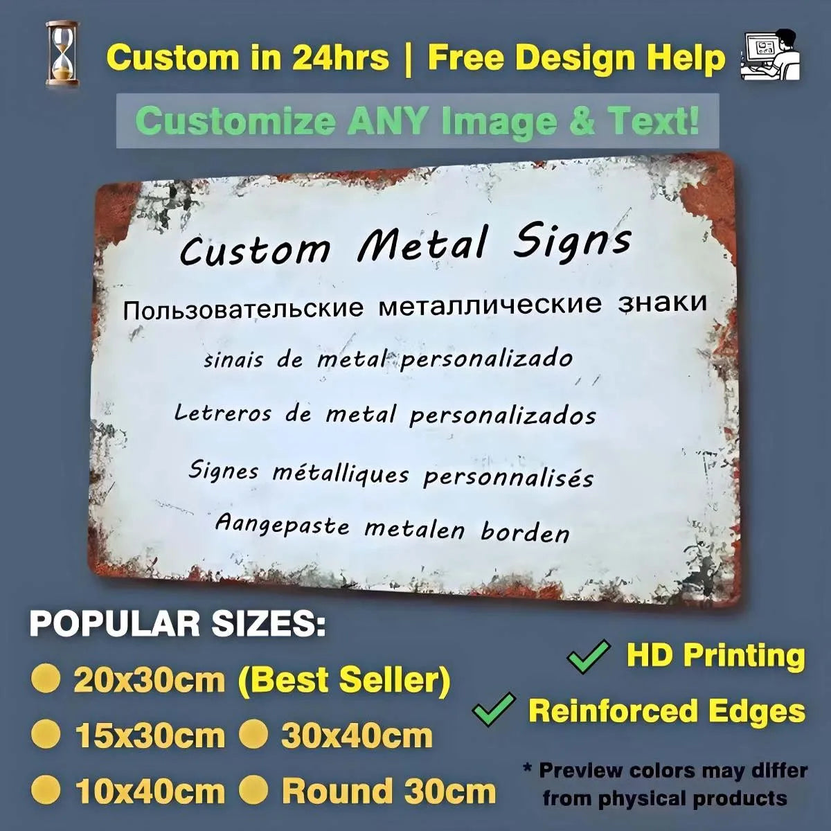 Plantilla de letrero metálico rústico mostrando varias opciones de texto para letreros metálicos personalizados