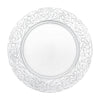 Silver embossed charger plate with intricate floral design and a wide rim.