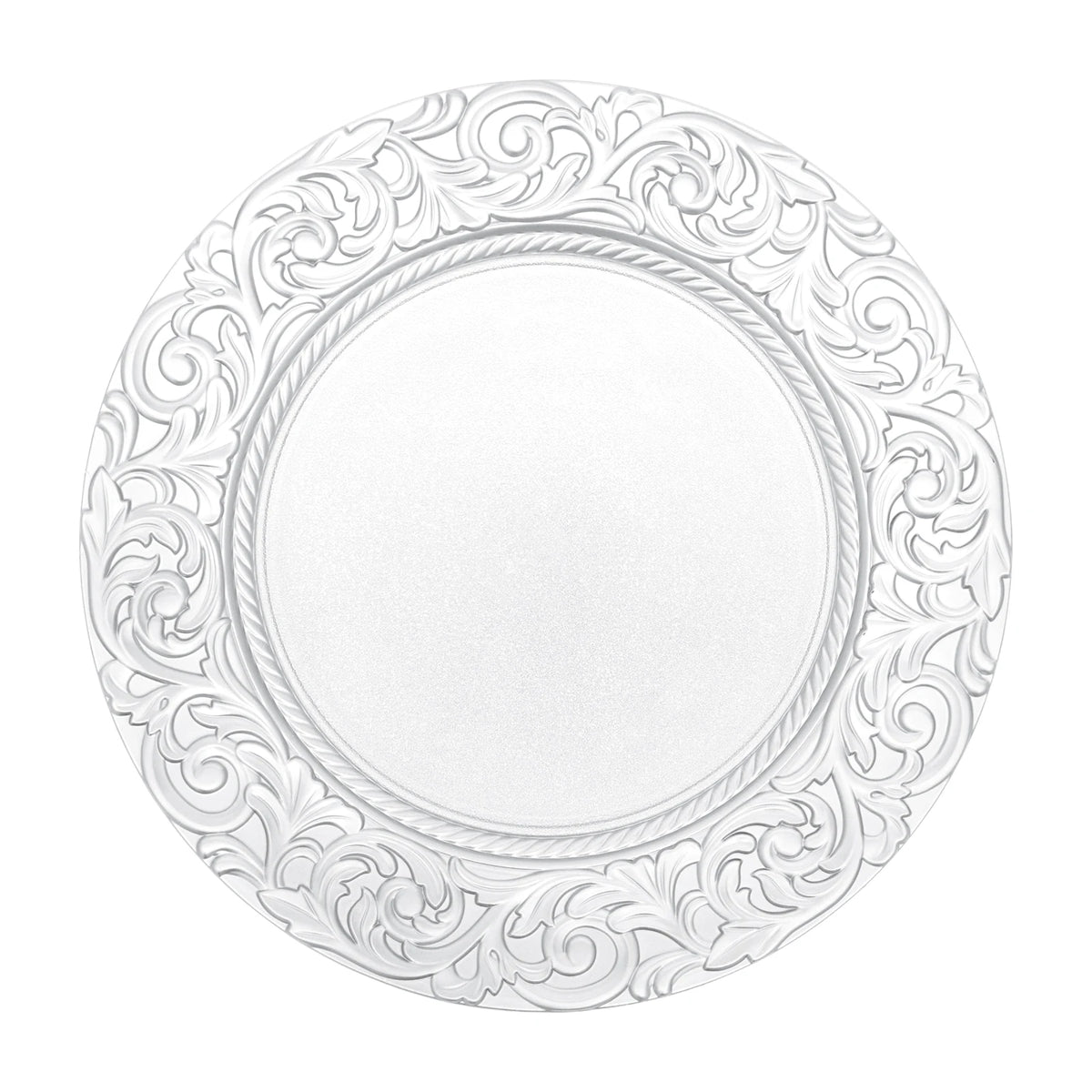 Silver embossed charger plate with intricate floral design and a wide rim.
