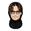 A realistic full-face cosplay mask featuring dark hair and glasses.