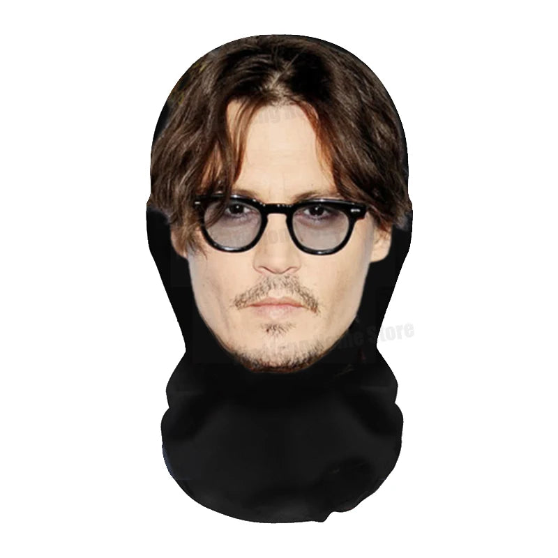A realistic full-face cosplay mask featuring dark hair and glasses.