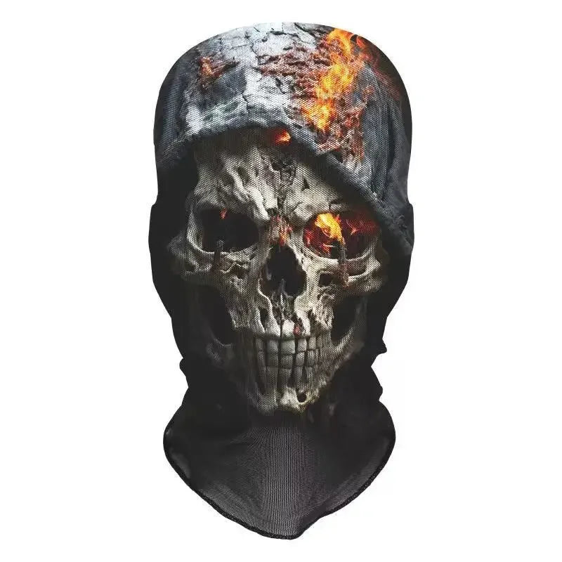 A dark, weathered skull face mask with glowing orange and yellow flames visible through the eye sockets.