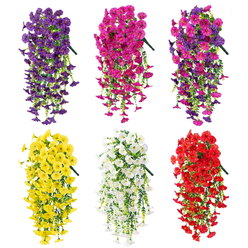 A collection of artificial hanging silk morning glory flowers in purple, pink, yellow, white, and red.