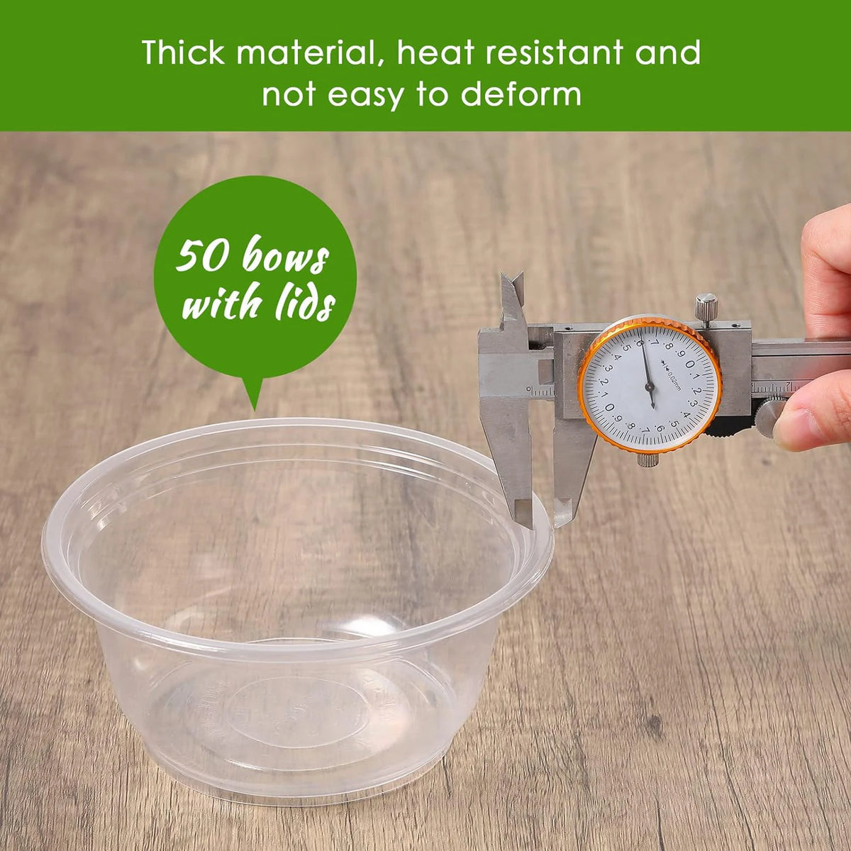 Clear disposable plastic bowls with lids shown next to a caliper and text describing the material quality.
