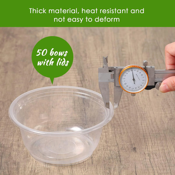 Clear disposable plastic bowls with lids shown next to a caliper and text describing the material quality.