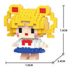 A yellow female character model built from LEGO bricks, shown with dimensions.