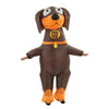 An inflatable dachshund dog costume for adults, brown and orange, with a visible face.