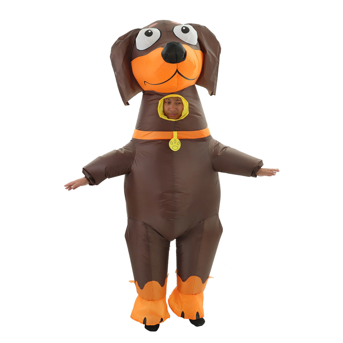 An inflatable dachshund dog costume for adults, brown and orange, with a visible face.