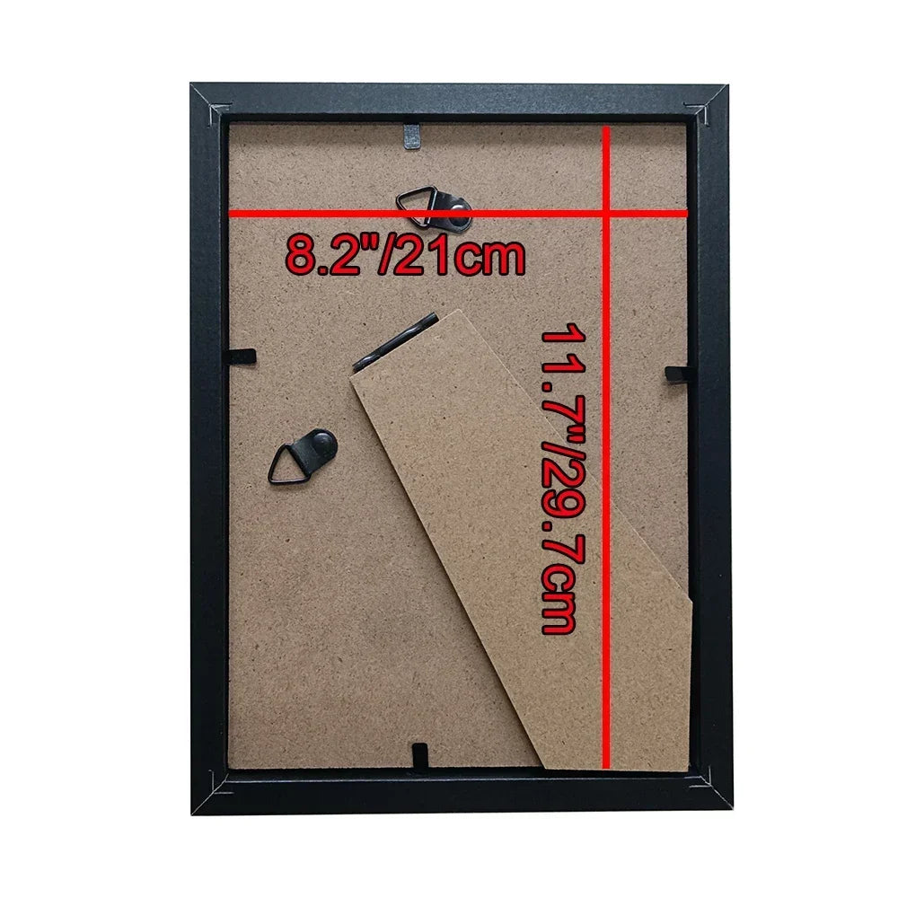 A wooden photo frame displaying measurements for an A4 size, suitable for certificates and posters.