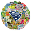 A colorful map of the USA featuring various state outlines and landmarks as a sticker pack.