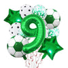 A collection of green and white football-shaped helium foil balloons, including a large number nine balloon and star decorati