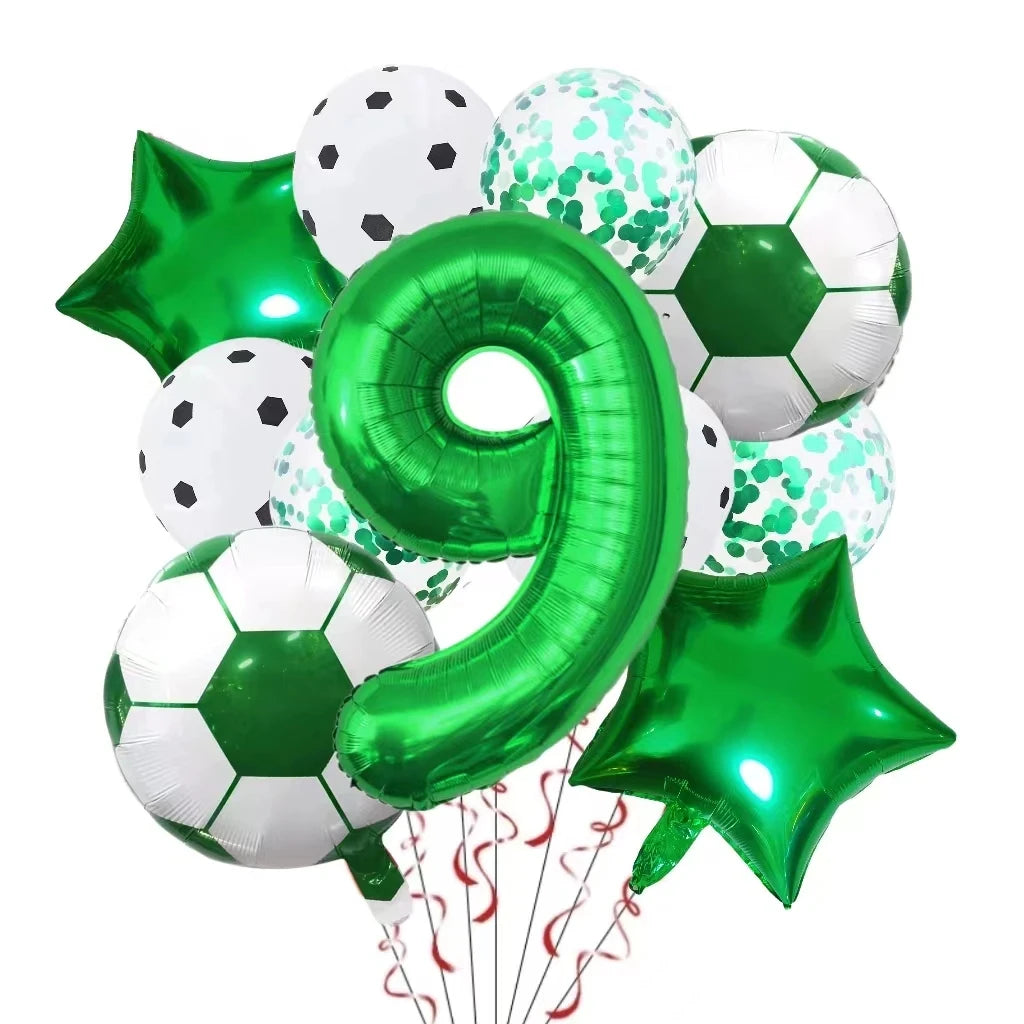 A collection of green and white football-shaped helium foil balloons, including a large number nine balloon and star decorati