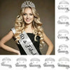 A woman models a silver rhinestone birthday crown and glitter sash set for a 30th birthday celebration.