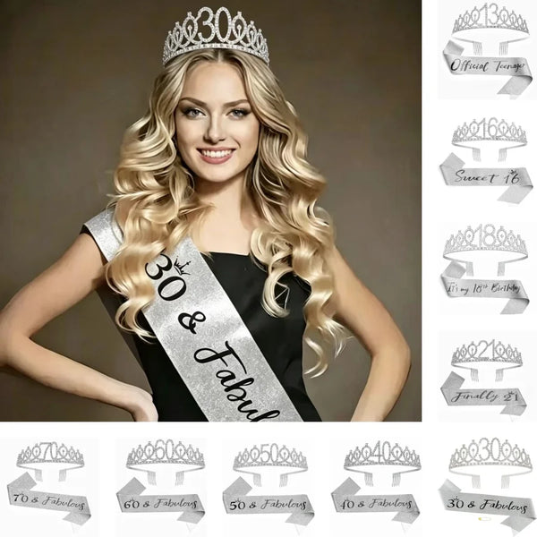 A woman models a silver rhinestone birthday crown and glitter sash set for a 30th birthday celebration.