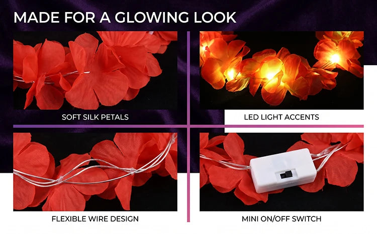 Red silk petals with flexible wire design and LED light accents for a glowing look