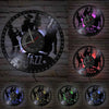 A collection of vintage vinyl record wall clocks featuring silhouettes and jazz themes on a brick background.