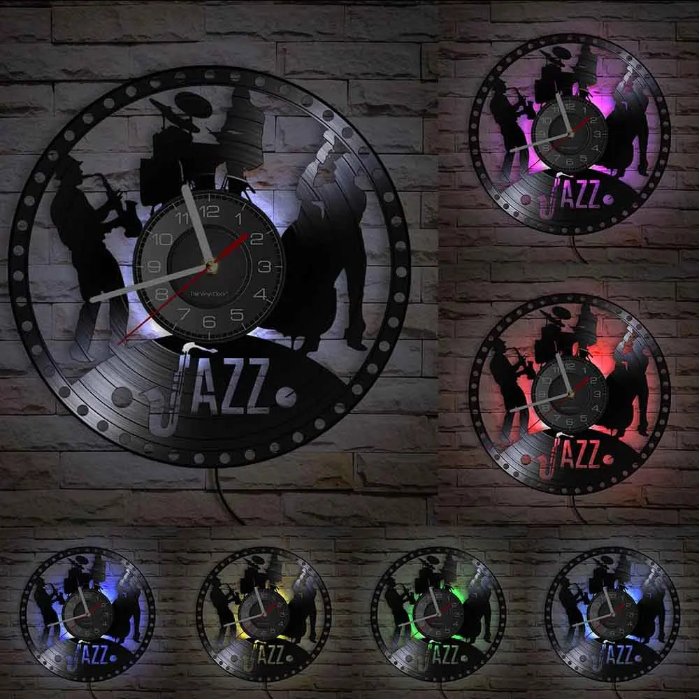 A collection of vintage vinyl record wall clocks featuring silhouettes and jazz themes on a brick background.